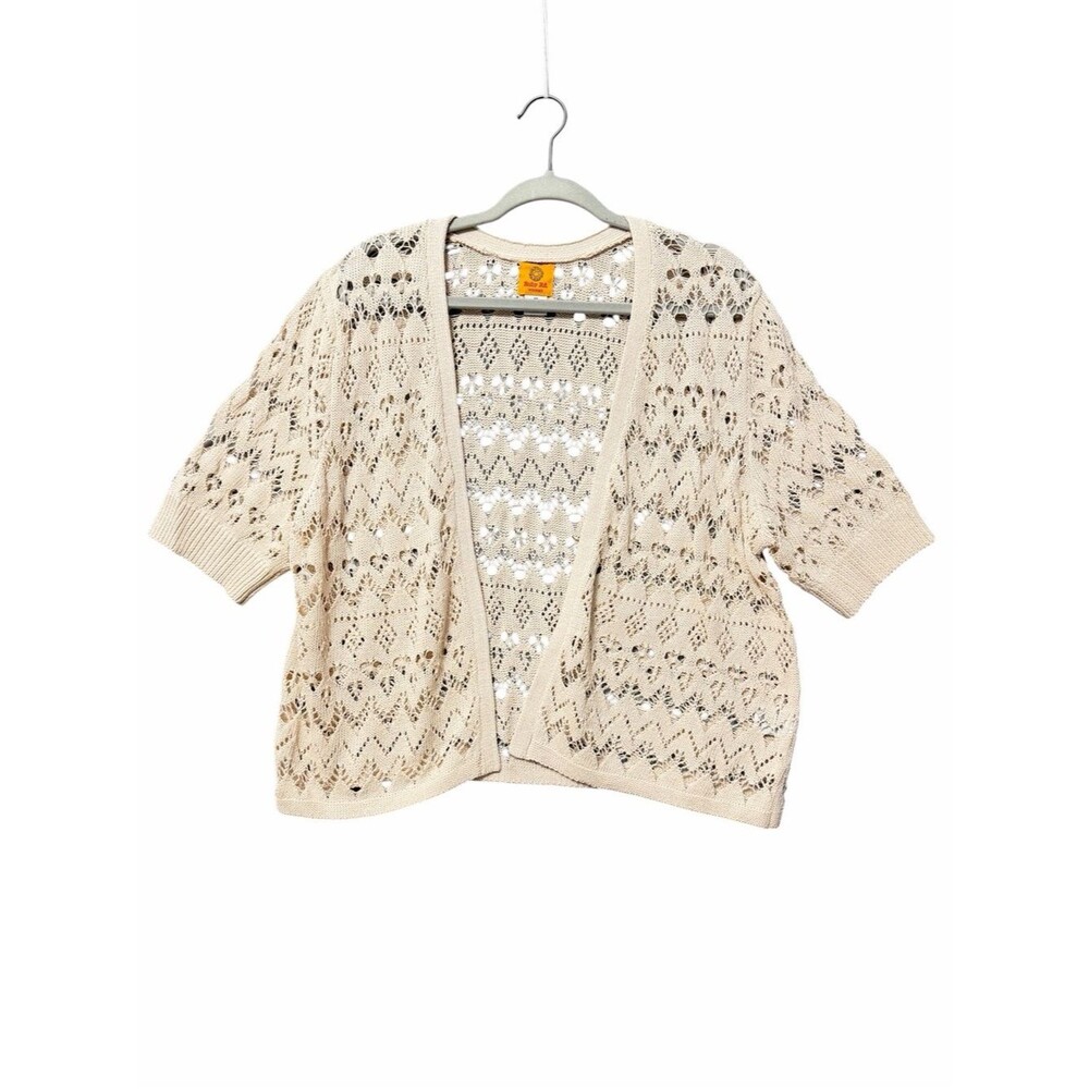 Ruby Rd. Open-Knit Beige Short Sleeve Cardigan Sweater Size 1X Festival Boho